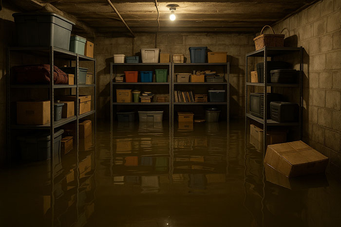 Basement flooded with sewage disaster water surrounding shelves and stored boxes in dimly lit room with concrete walls.
