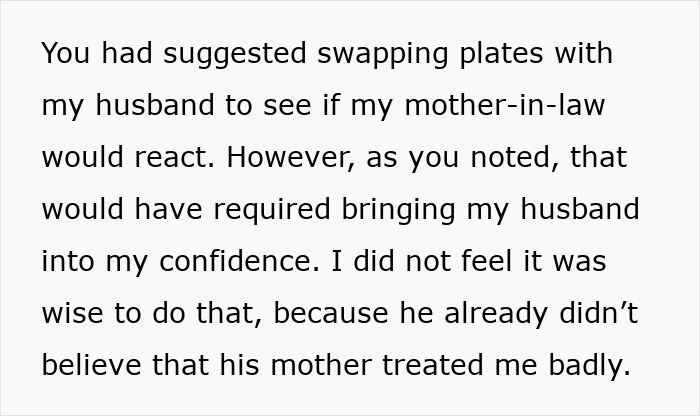 Alt text: Text discussing a wife&rsquo;s concerns about her mother-in-law and husband not believing she is treated badly.