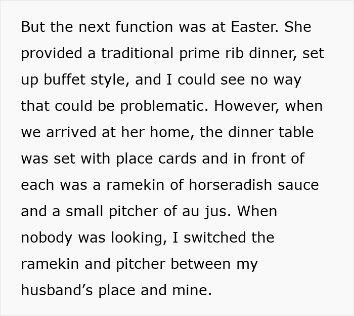 Text describing a man doubting his mom is poisoning his wife, then his wife proves him wrong by switching sauces at dinner.