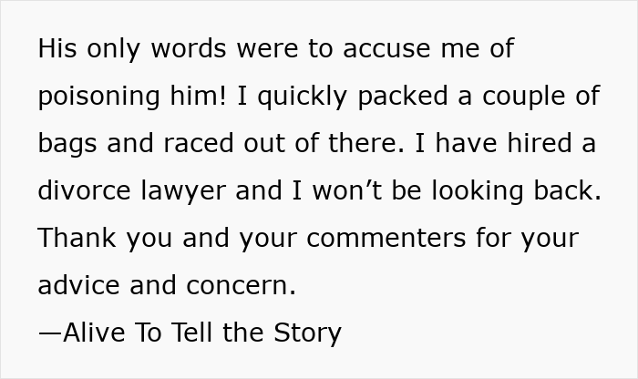Text message saying a man accuses his wife of poisoning him and she hires a divorce lawyer after proving him wrong.