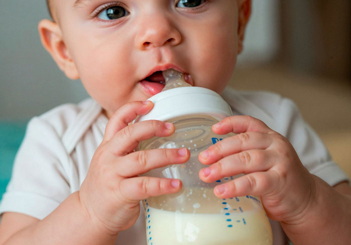 Baby holding and drinking from a milk bottle, illustrating the use of breast milk in wellness smoothies for health benefits. Baby holding and drinking from a milk bottle, illustrating the use of breast milk in wellness smoothies for health benefits.