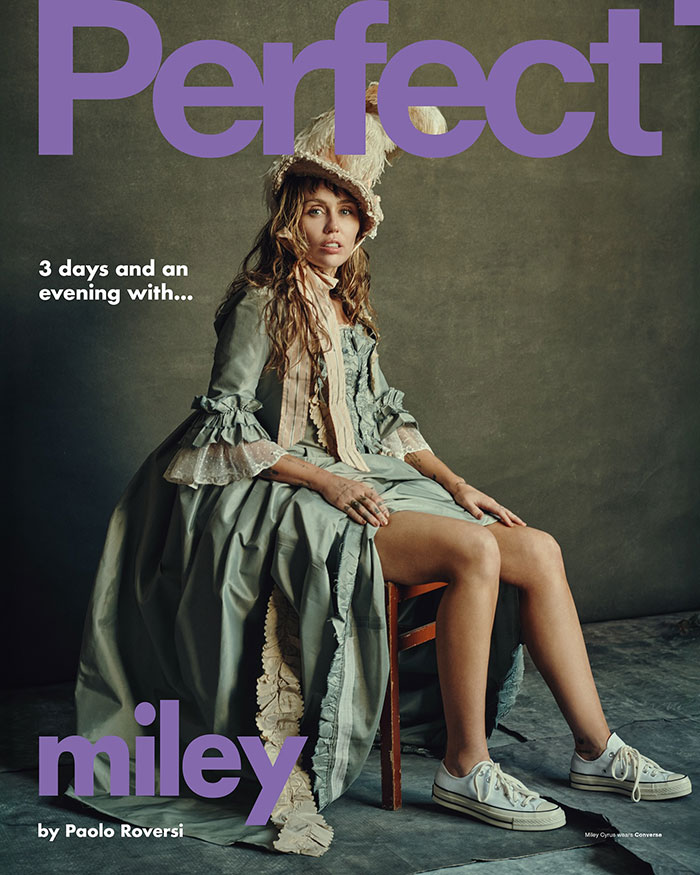 Miley Cyrus posing in vintage attire with Converse shoes for Perfect magazine cover, stunning fans with bold fashion statement - 16