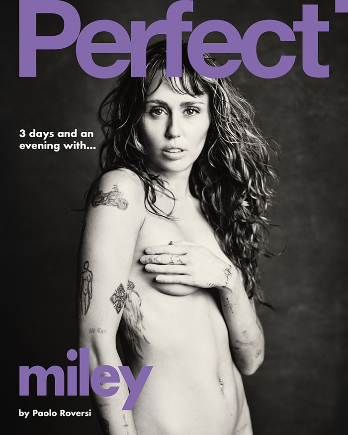 Miley Cyrus on Perfect magazine cover posing nude with hand covering chest, showcasing tattoos and natural wavy hair. - 7