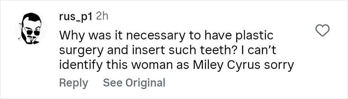 Comment questioning plastic surgery and teeth on a post about Miley Cyrus stunning fans by stripping down for Perfect Magazine cover. - 25