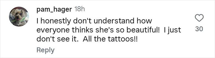 Comment from user pam_hager expressing confusion about Miley Cyrus’s beauty and mentioning her tattoos in response to a magazine cover. - 32