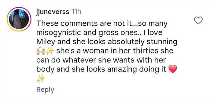 Comment praising Miley Cyrus for looking stunning and confident, embracing her body in a bold photo shoot. - 33