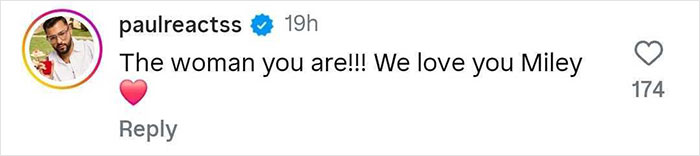 Comment from user paulreactss praising Miley Cyrus with a heart emoji in response to Perfect magazine cover post. - 37