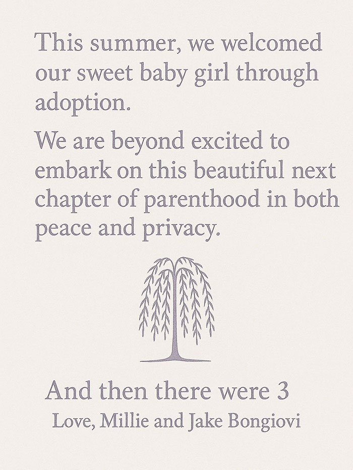 Announcement of Millie Bobby Brown adopting a baby girl, sharing excitement for their new chapter of parenthood.