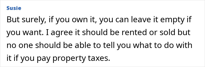 Comment discussing property rights and responsibility regarding an abandoned million-dollar house renovation debate.