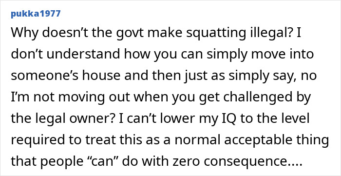 Comment discussing squatting legality and challenges faced by property owners in cases of illegal occupancy and renovation.