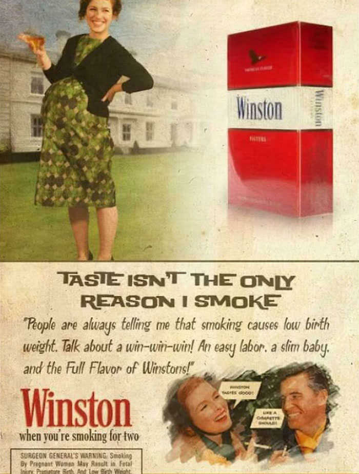 1950s vintage Winston cigarette ad showing a smiling pregnant woman and a couple, capturing the essence of life in the 1950s.