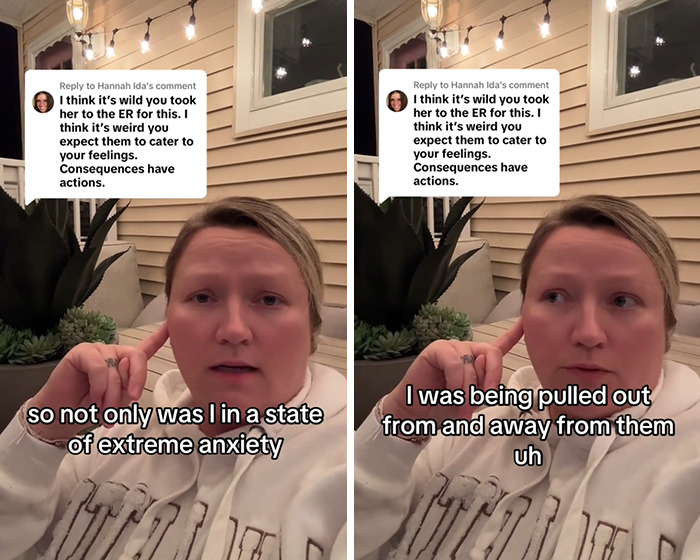 Woman explaining experience of anxiety after 3YO breaks $1,600 caf&eacute; table while mom discusses credit card situation.