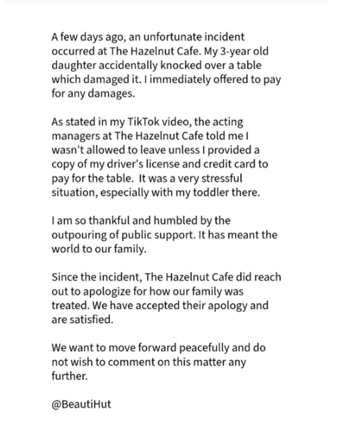 Statement explaining a 3-year-old broke a $1,600 table at a caf&eacute; and the mom&rsquo;s experience with payment demands.