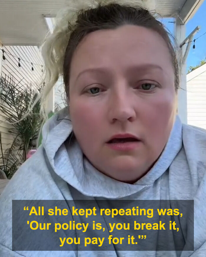 Woman explains caf&eacute; policy after 3YO breaks $1,600 table, discussing payment and credit card dispute.