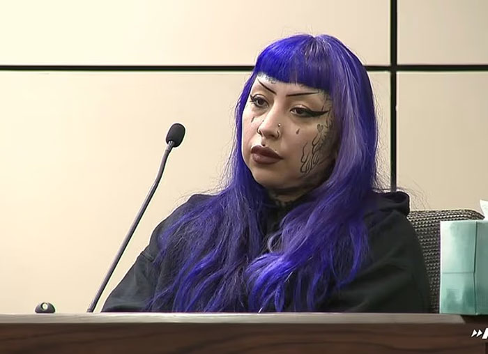 Woman with blue hair and facial tattoos seated in courtroom during hearing about alleged mass school shooting plan. - 8