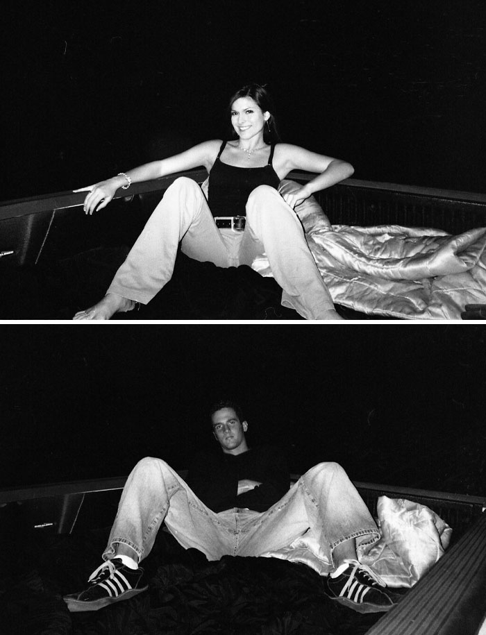 Two black and white photos of a woman and a man sitting in a truck bed, part of photos taken before disaster.