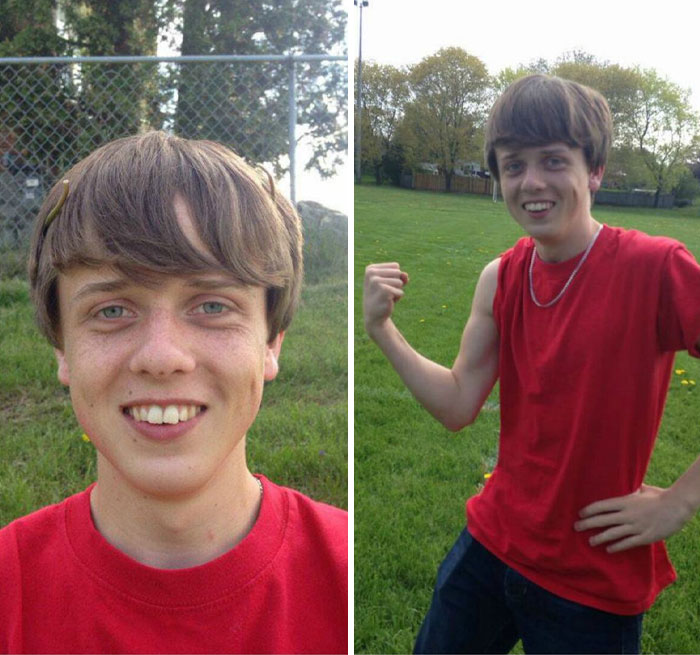 Young man smiling and flexing muscles in a red shirt outdoors in photos taken before disaster moments.