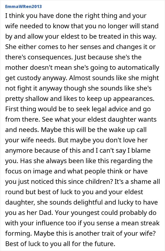 Comment about mom loving girly daughter more and dad removing other child due to family custody conflict.