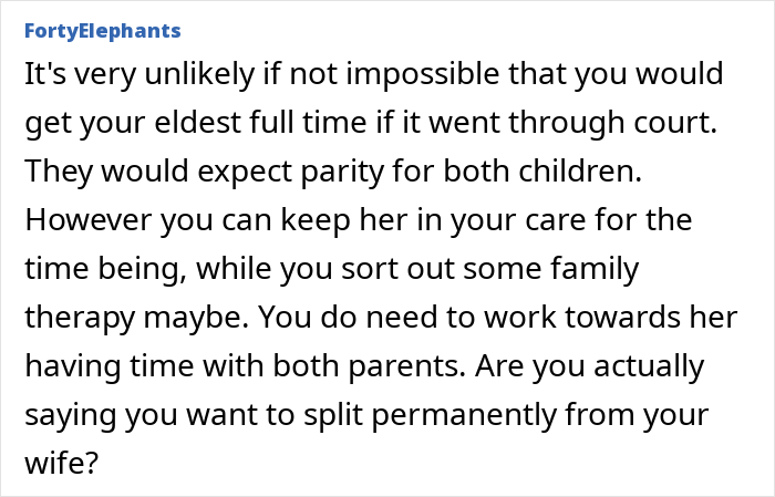 Text excerpt discussing family therapy and custody concerns amid a dad removing one child from the home.