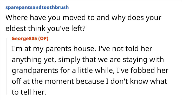 Text conversation about moving to grandparents&rsquo; house and confusion involving mom, dad, and girly daughter in family dynamics.