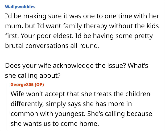Online forum conversation about family conflict where mom favors girly daughter, dad struggles and removes other child.