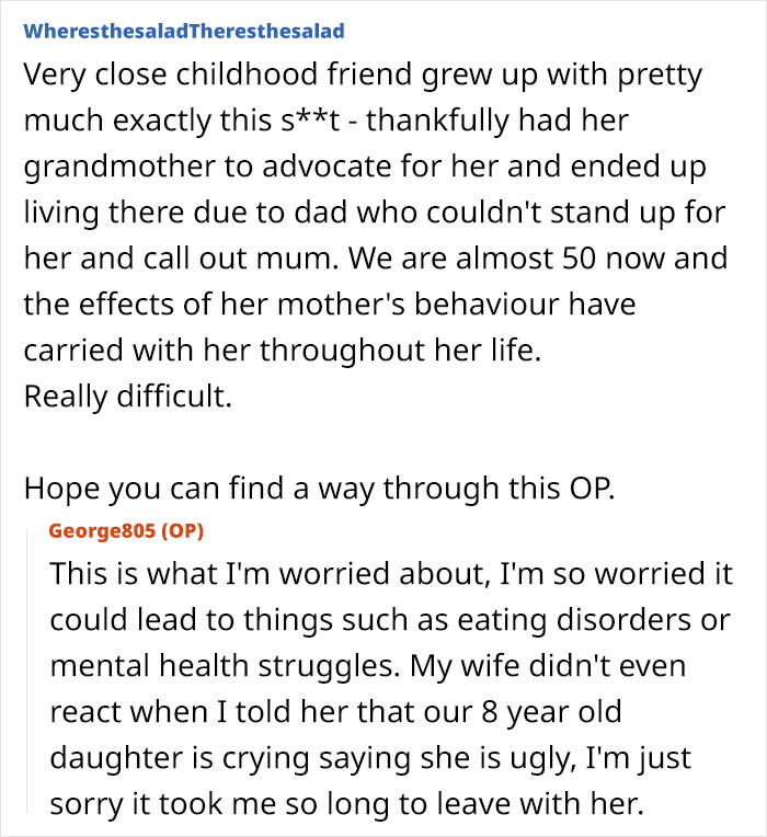 Text excerpt showing a dad worried about mom loving girly daughter more, leading to family conflicts and mental health concerns.
