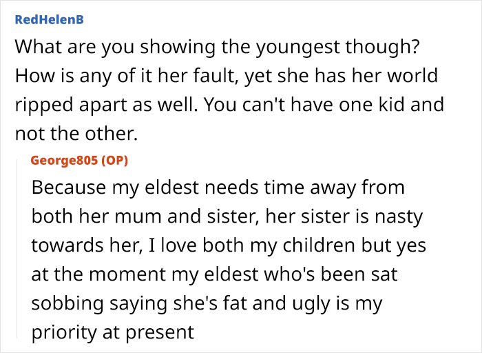 Commenters discuss mom loving girly daughter more while dad struggles and removes the other child from home.