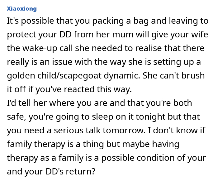 Text highlighting a family conflict involving mom favoring girly daughter and dad deciding to remove the other child from home.