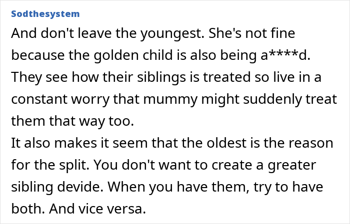 Text post discussing family dynamics where mom favors girly daughter, and dad removes the other child from the home.