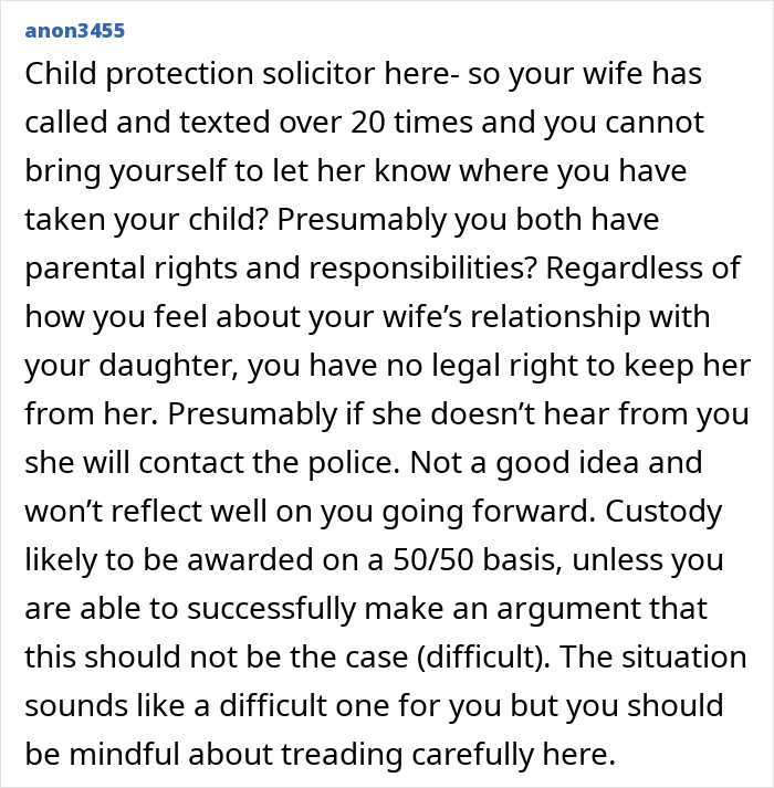Text excerpt from online forum post about custody issues, discussing mom loving girly daughter and dad removing other child from home.