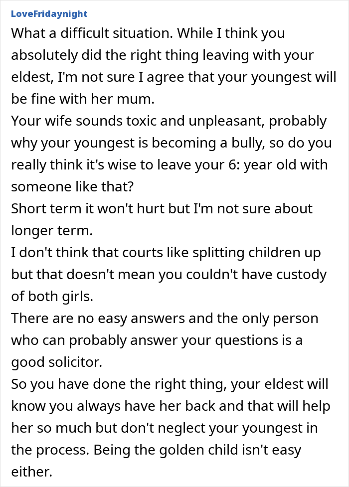 Comment discussing challenges of custody and family dynamics involving mom, dad, girly daughter, and youngest child.