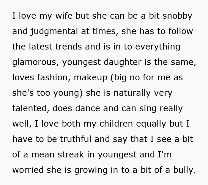 Text excerpt discussing a mom loving her girly youngest daughter more, and dad struggling with family dynamics.