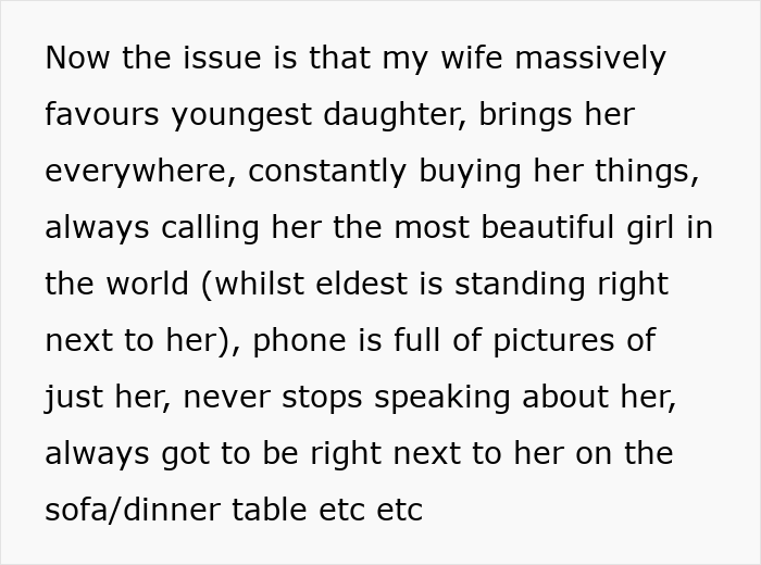 Text describing mom loving girly daughter more while dad struggles and removes the other child from the home.