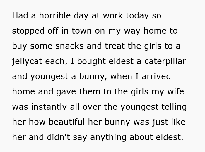 Text message about mom favoring youngest daughter with a bunny, dad upset over unequal treatment of daughters at home