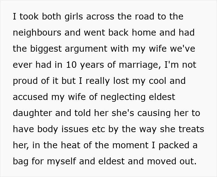 Text excerpt describing a family conflict where dad feels mom loves girly daughter more and leaves home with eldest child.