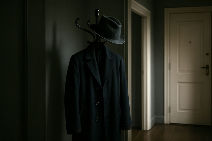 Dark coat and hat hanging on a stand in a dim hallway, evoking creepy and disturbing scenes police officers saw.