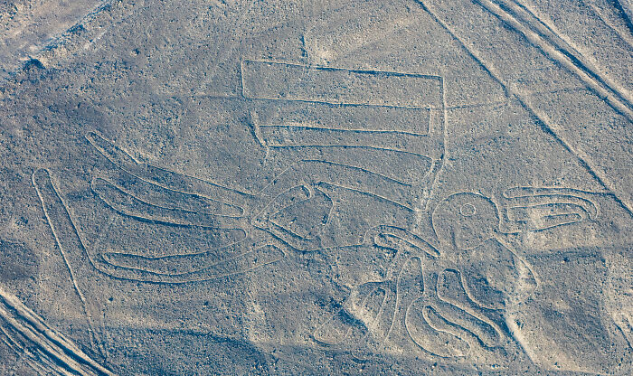 Aerial view of ancient geoglyphs etched in desert ground, illustrating AI discovery of 303 significant geoglyphs.