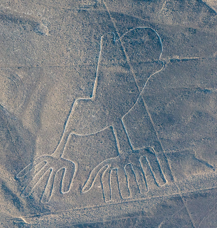 Aerial view of ancient geoglyph carved into the desert ground, discovered with help of AI technology.