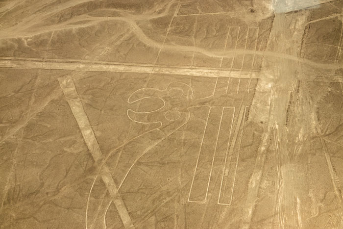 Aerial view of ancient geoglyphs etched in desert terrain, highlighting AI discovery of 303 significant geoglyphs.