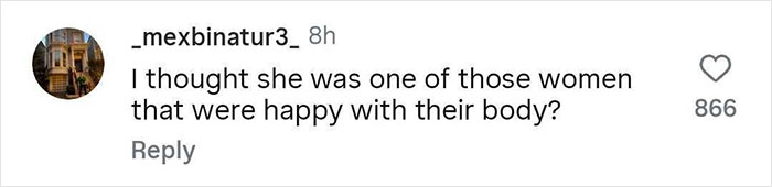 Comment on social media questioning a woman's happiness with her body, highlighting public body debate issues. Comment on social media questioning a woman's happiness with her body, highlighting public body debate issues.