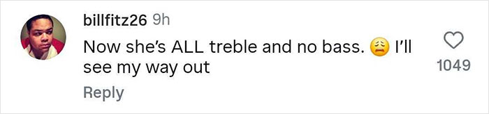 Comment on social media post from user billfitz26 expressing a negative opinion about Meghan Trainor's body. Comment on social media post from user billfitz26 expressing a negative opinion about Meghan Trainor's body.