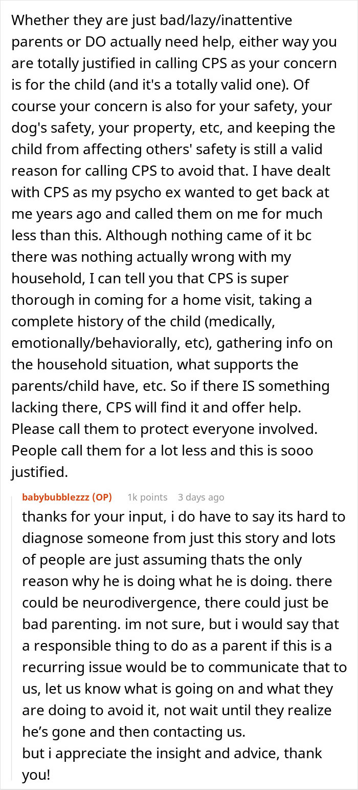 Text conversation discussing CPS involvement after a woman catches neighbor&rsquo;s son unexpectedly in her home.