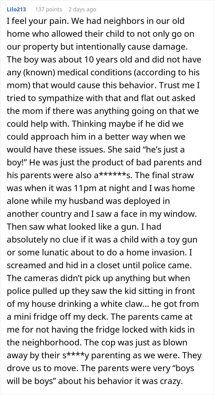 Text post describing a woman catching a neighbor&rsquo;s son in her home and her surprise at parents&rsquo; casual reaction.