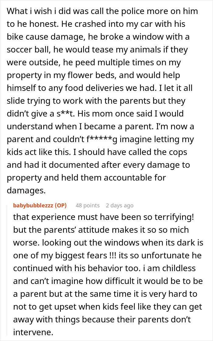 Text conversation about a woman catching neighbor&rsquo;s son causing damage and parents&rsquo; casual reaction to behavior.