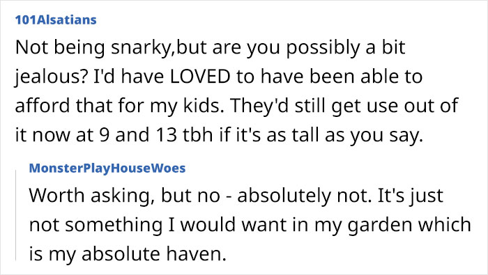 Woman frustrated that neighbor&rsquo;s kids playhouse is bigger than her house and invades her privacy in garden setting