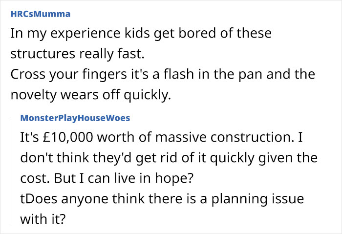 Woman frustrated about large playhouse for neighbor's kids impacting her privacy and overshadowing her house.