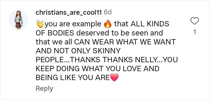 Comment praising body positivity and Nelly Furtado for embracing natural curves and self-love in fashion choices.