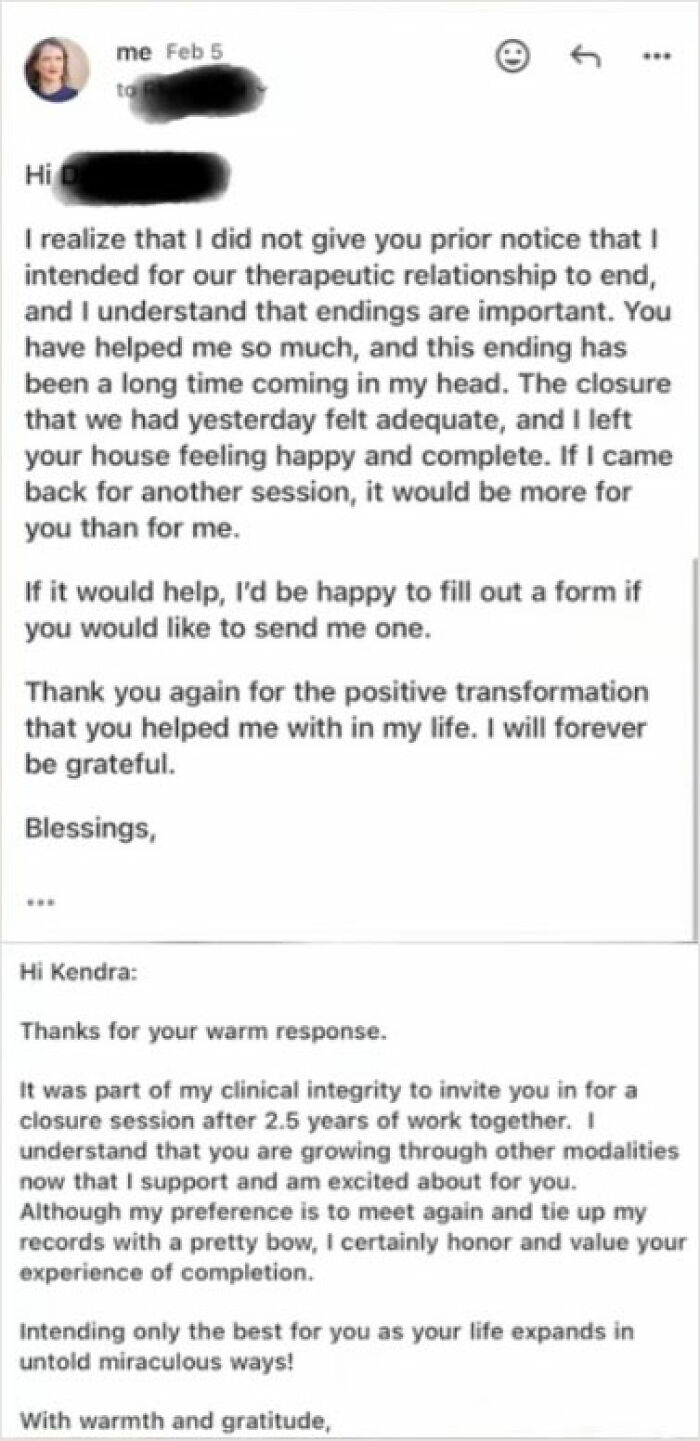 Email exchange showing a woman ending her therapeutic relationship with her therapist, highlighting obsession and closure.