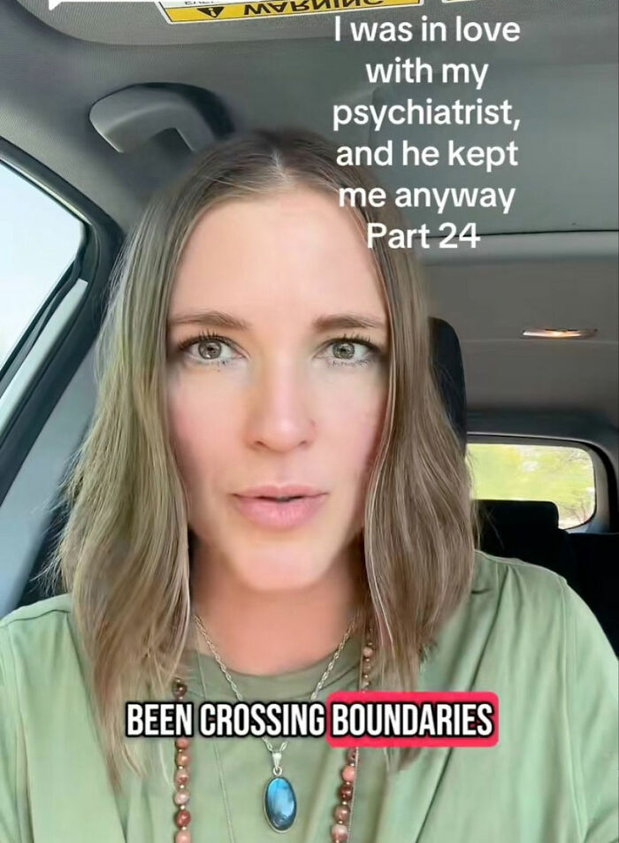 Woman in a car discussing obsession with psychiatrist and crossing boundaries, highlighting therapist-related controversy.