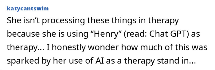 Screenshot of a social media comment discussing a woman obsessed with her therapist and using AI as therapy.